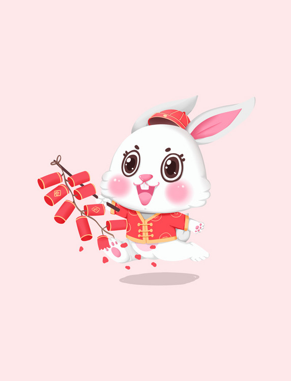 中国风兔年新年兔子奔跑手拿鞭炮