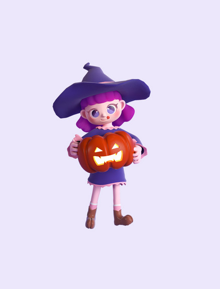 万圣节紫色3D立体小魔女女巫卡通人物形象元素