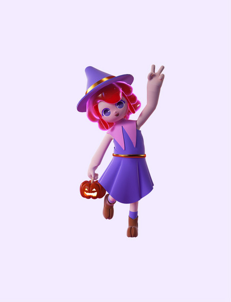 万圣节可爱3D立体小魔女女巫紫色卡通人物形象