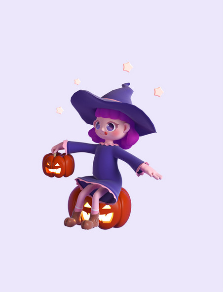 万圣节3D立体紫色小魔女女巫卡通人物形象