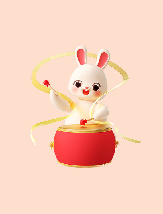 兔年新年春节3D立体卡通可爱兔子打鼓IP形象