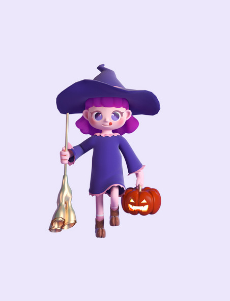 万圣节3D立体小魔女女巫卡通紫色人物形象