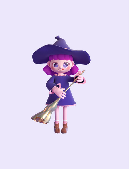 万圣节紫色3D立体小魔女女巫扫把卡通人物形象