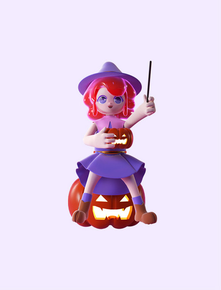 万圣节可爱3D立体小魔女女巫卡通紫色人物形象