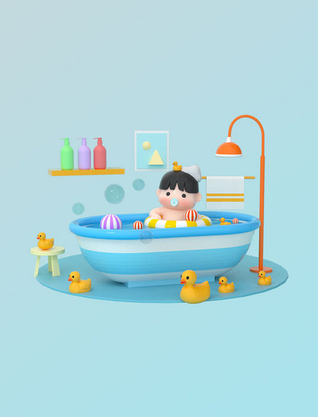 C4D元素浴缸洗发水鸭子花洒毛巾地毯浴室婴儿小场景
