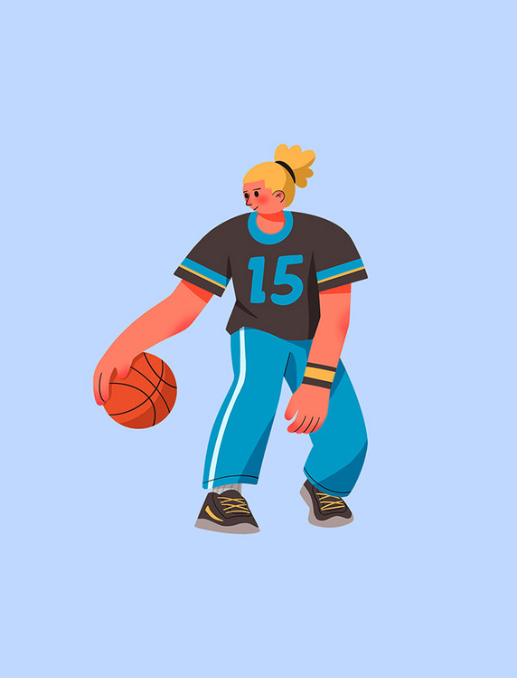 黑色扁平风运动健身打篮球的人元素