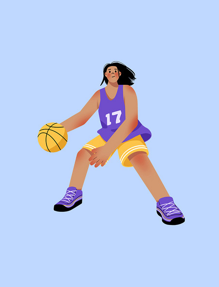 紫色扁平风运动健身打篮球的人元素