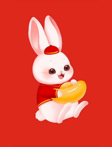 2023新年兔年红色喜庆兔子抱金元宝