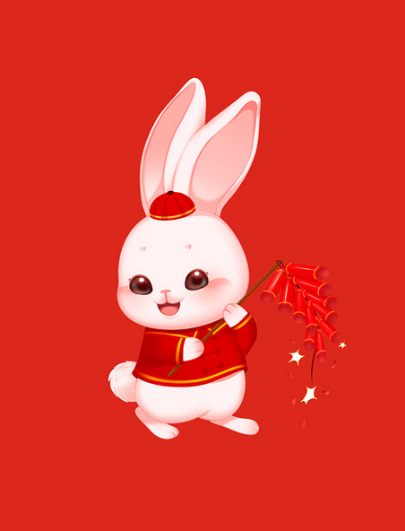 2023新年兔年红色喜庆兔子手拿鞭炮