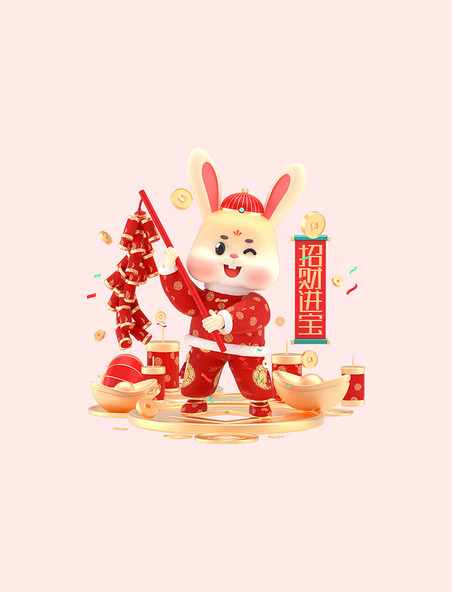 3D卡通新年兔年春节新春兔子场景c4d招财进宝