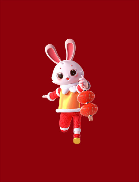 新年春节喜庆3D立体可爱卡通兔子手拿灯笼
