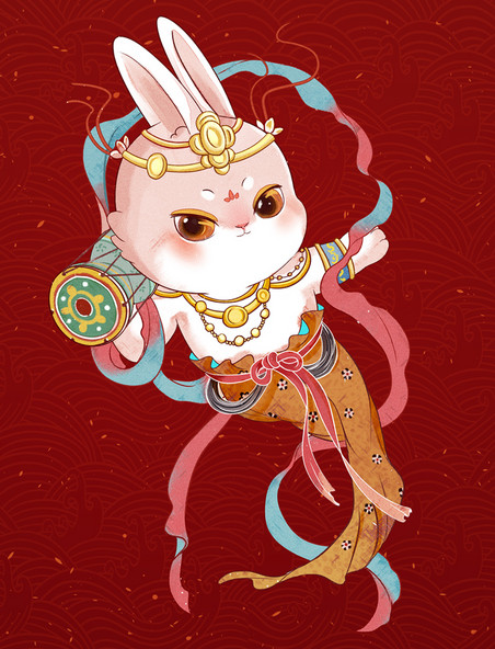 兔年春节新年国潮兔子飞天插画兔年中国风敦煌鼓