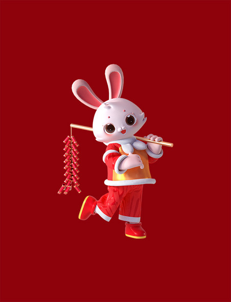 新年喜庆3D立体可爱卡通兔子拿鞭炮形象