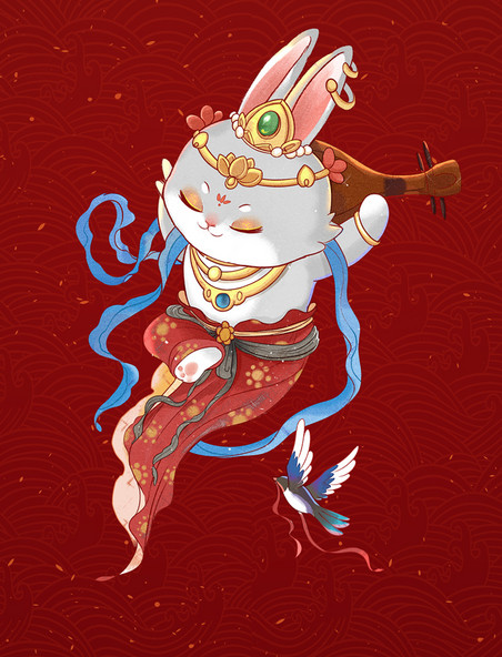 兔年春节新年国潮兔子飞天插画兔年中国风敦煌反弹琵琶