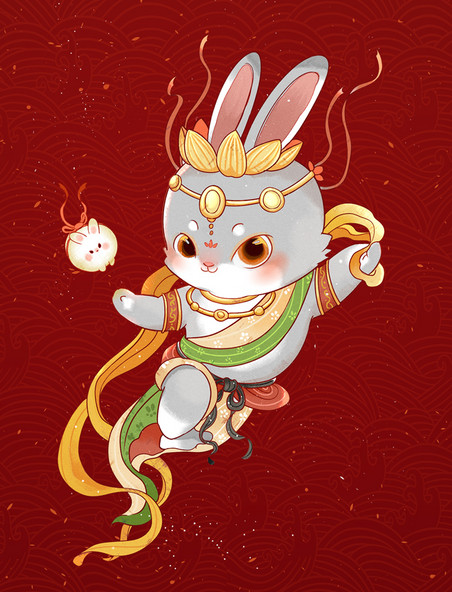 兔年春节新年国潮兔子飞天插画兔年中国风敦煌