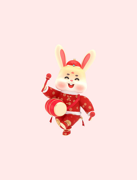 3D卡通新年兔年春节新春兔子元素c4d打腰鼓