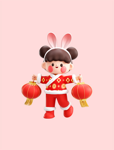 3D立体兔年福娃灯笼男孩春节拜年春节新年兔年