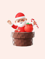 圣诞圣诞节3D立体卡通圣诞老人钻烟囱送礼物形象