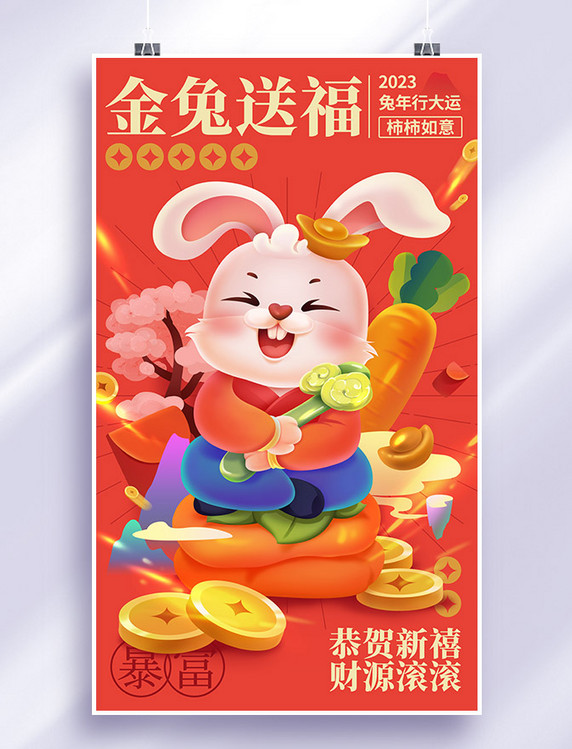 2023兔年新年新春春节小兔子金兔送福插画海报