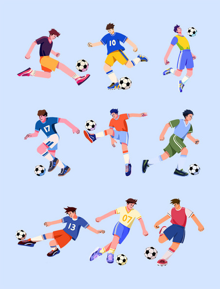 扁平风踢足球的人物元素套图世界杯体育竞技比赛