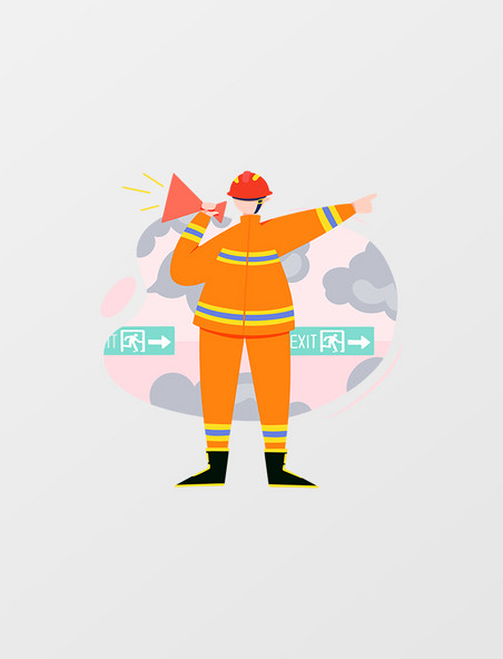 橘色扁平风消防员手持扩音桶指挥人物主题元素
