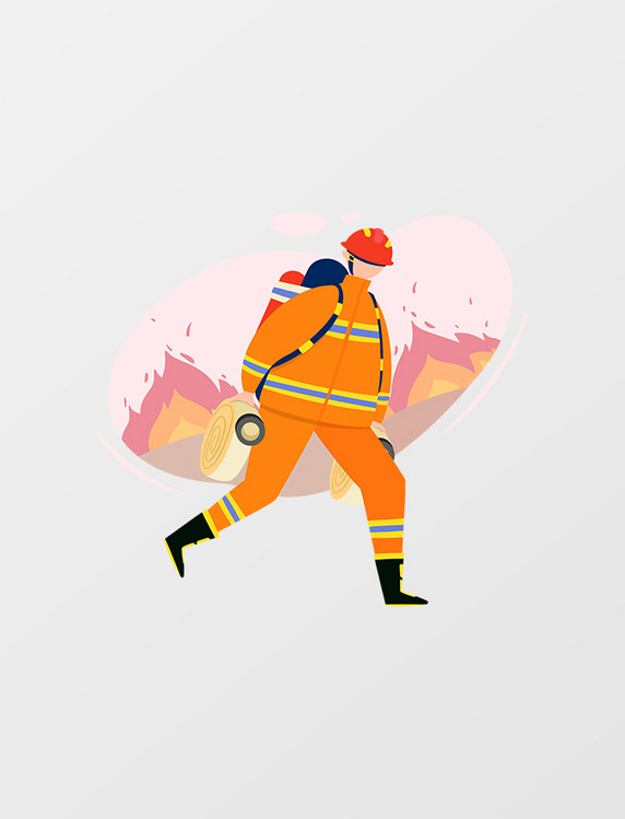 橘色扁平风消防员双手提水管奔走人物主题元素
