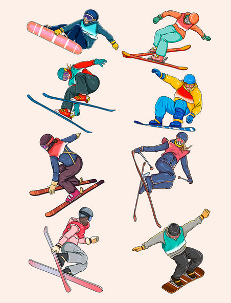 手绘冬天运动滑雪的人物主题元素套图