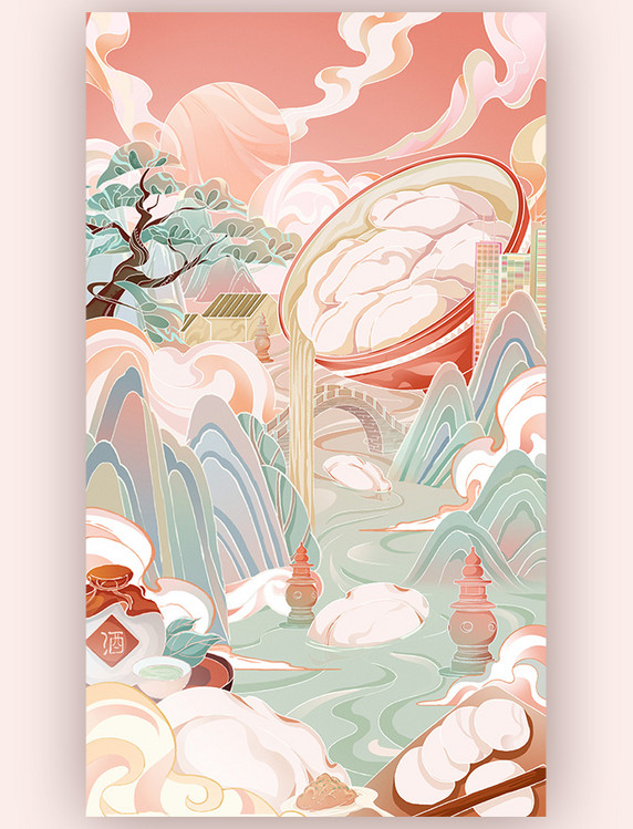 新国风冬季冬至饺子山水松树三潭印月插画