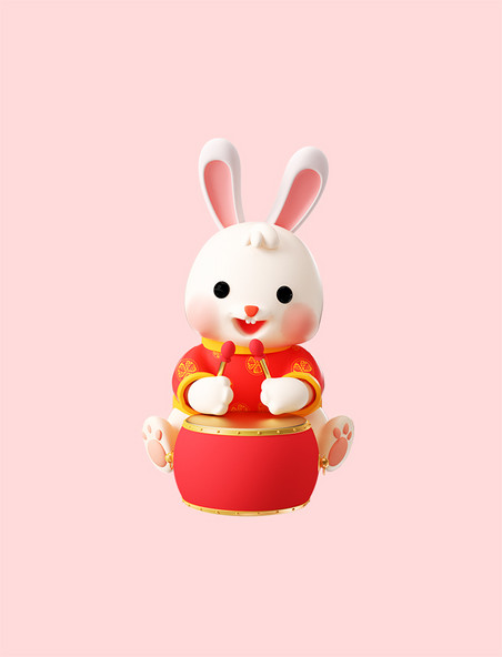新年春节喜庆3D卡通可爱兔子打鼓形象