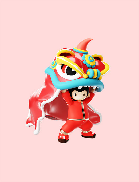 C4D新年喜庆3D红色舞狮人物形象