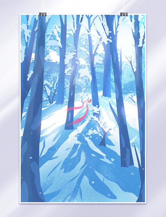 冬天冬季山林风景树林唯美雪景蓝色插画