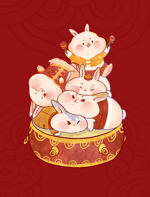 兔年新春春节新年卡通兔子萌兔打鼓