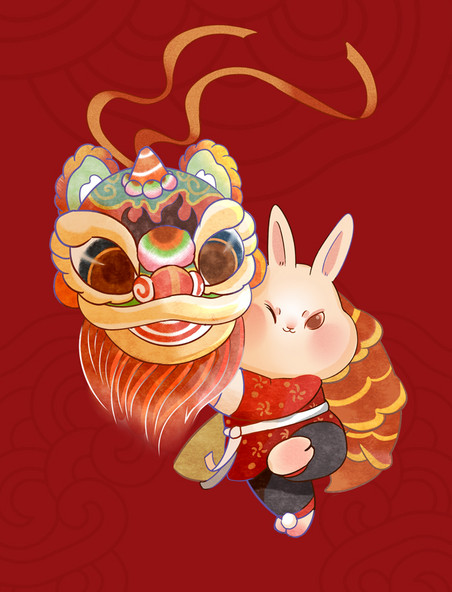 兔年新春新年春节卡通国潮功夫兔子舞狮子