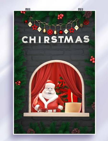 圣诞快乐红色背景平安夜 3DC4D圣诞老人海报