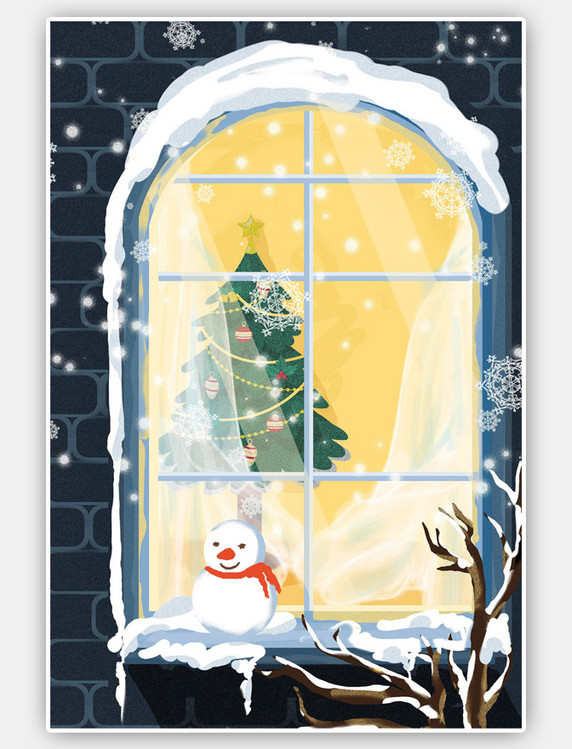 冬天冬季厚涂圣诞节窗台唯美风景插画