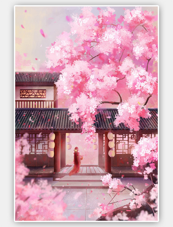 中国风手绘粉色插画古风粉色樱花春天