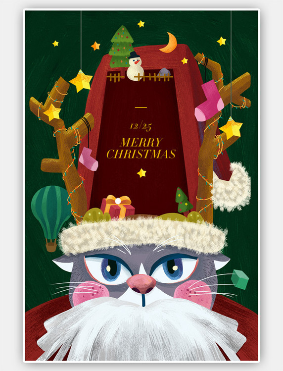圣诞节红绿色系圣诞帽猫扁平风儿童插画
