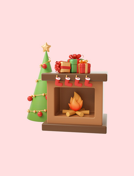 3D立体C4D圣诞圣诞节圣诞树壁炉