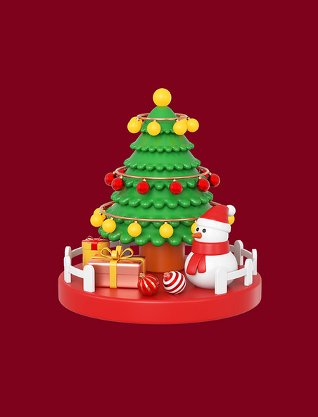 C4D圣诞元素场景圣诞树雪人礼物盒彩球3d元素