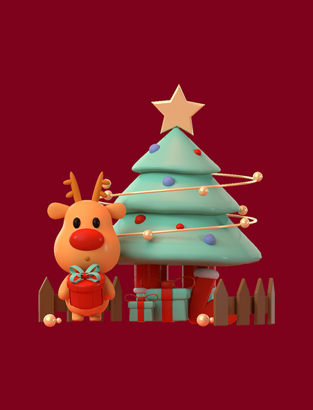 C4D红色圣诞元素与场景圣诞树麋鹿3D元素