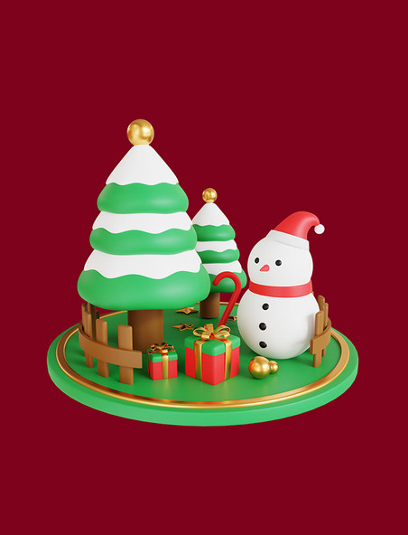 3D圣诞元素与场景松树圣诞树圣诞节雪人彩球圣诞装饰雪人拐杖礼物礼盒3D元素