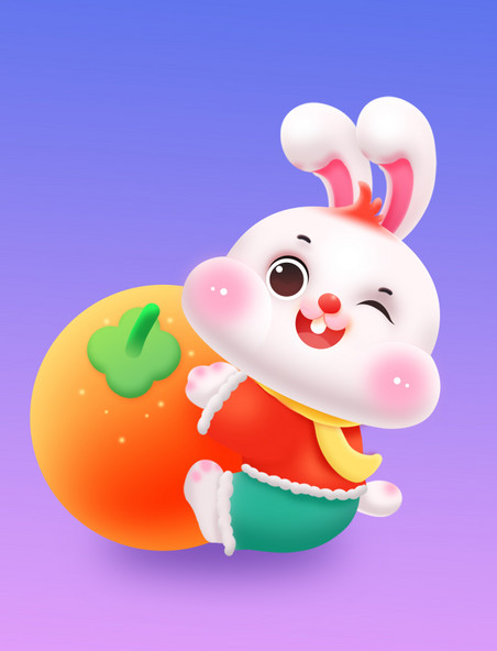 兔年2023年春节喜庆可爱微立体兔子抱着柿子