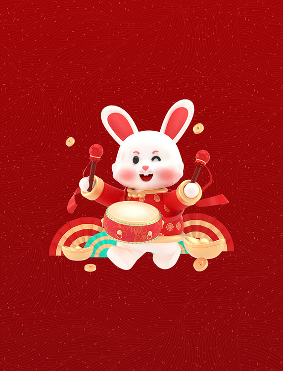 3D兔年新年春节新春卡通兔子c4d打鼓