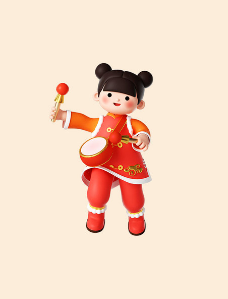 新年春节3D立体可爱福娃拜年人物打鼓