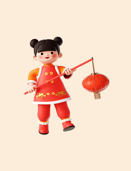 新年春节3D立体可爱福娃拜年人物拿灯笼