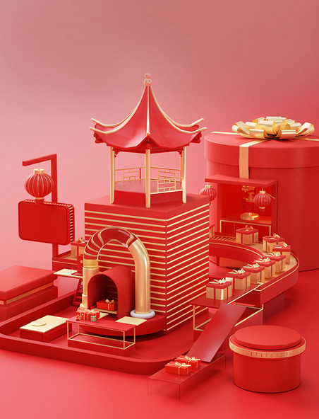 中国风新年春节3D立体电商展台背景模型