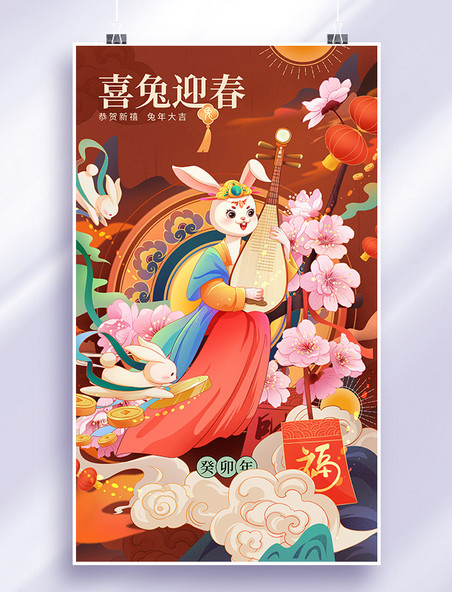 2023兔年春节中国风喜兔迎春插画海报