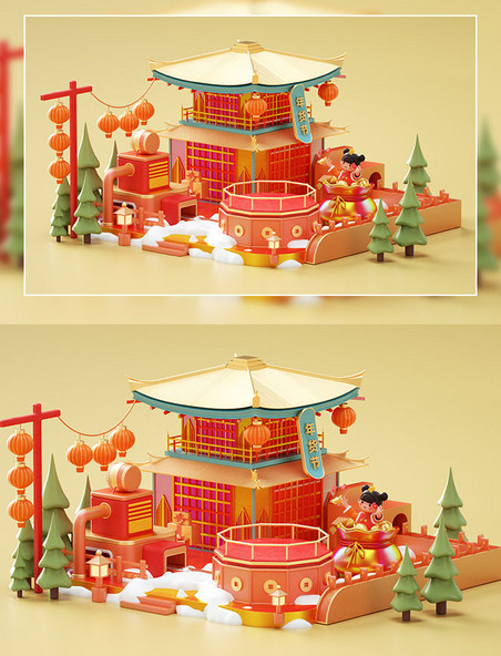 新年春节3D立体年货节电商背景展台建筑模型