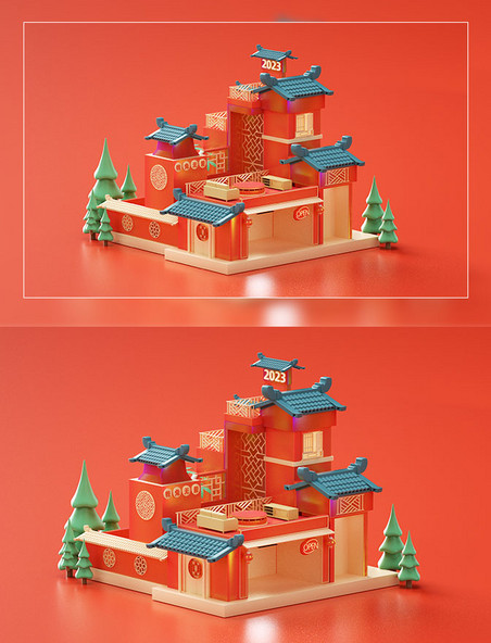 新年春节3D立体电商背景建筑模型