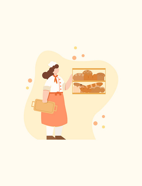 橘黄色扁平风面包师一手抚面包柜一手拿托盘人物主题元素